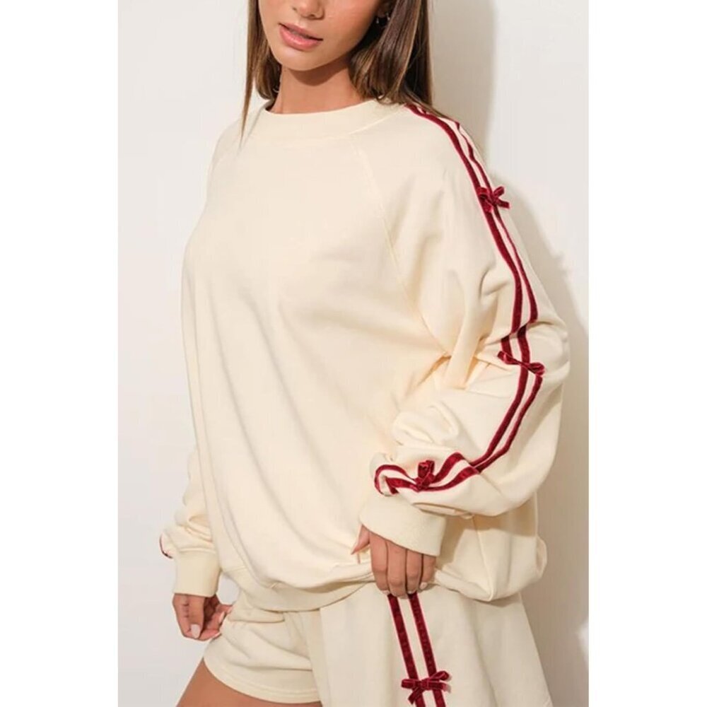 Women's Velvet Bow Sweater Cotton Blend Large Loose Crew Neck Vintage - Picture 3 of 5
